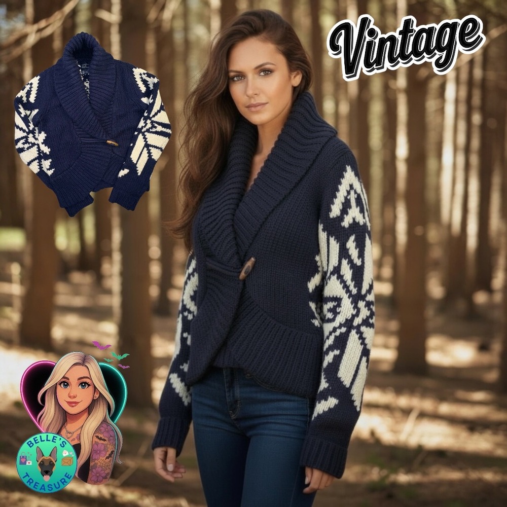 Vintage Y2K Large Navy Shawl Cardigan Toggle Sweater American‎ Eagle Bella Elena